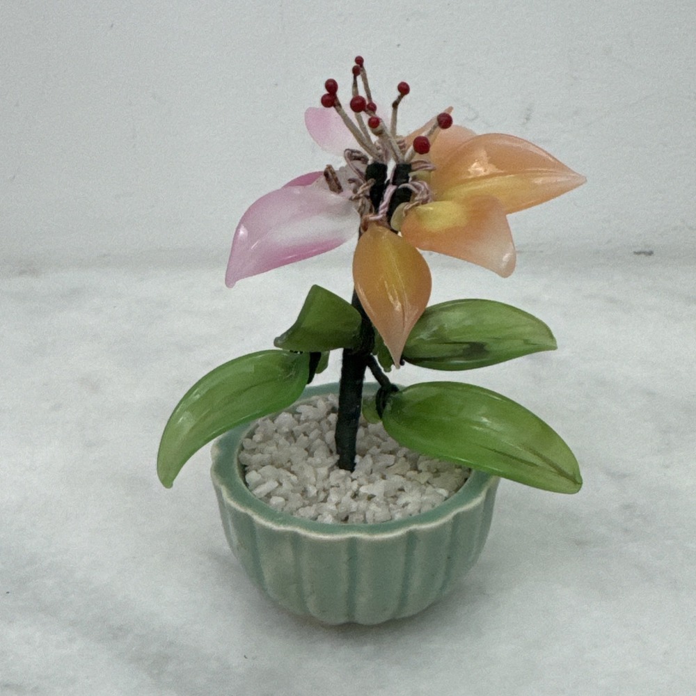 Vintage Asian Chinese Glass Flower Blossom Jade Green Leaves Small Bonsai 4"